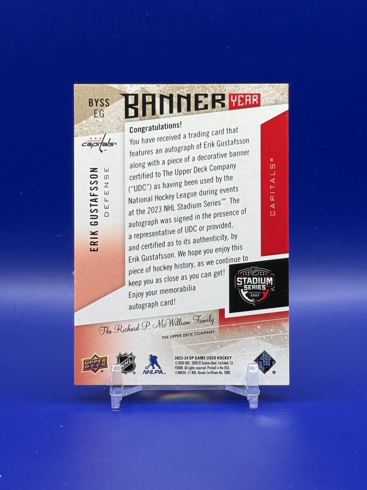 2023 Upper Deck SP Game Used Erik Gustafsson Patch Auto /25 #BYSS-EG