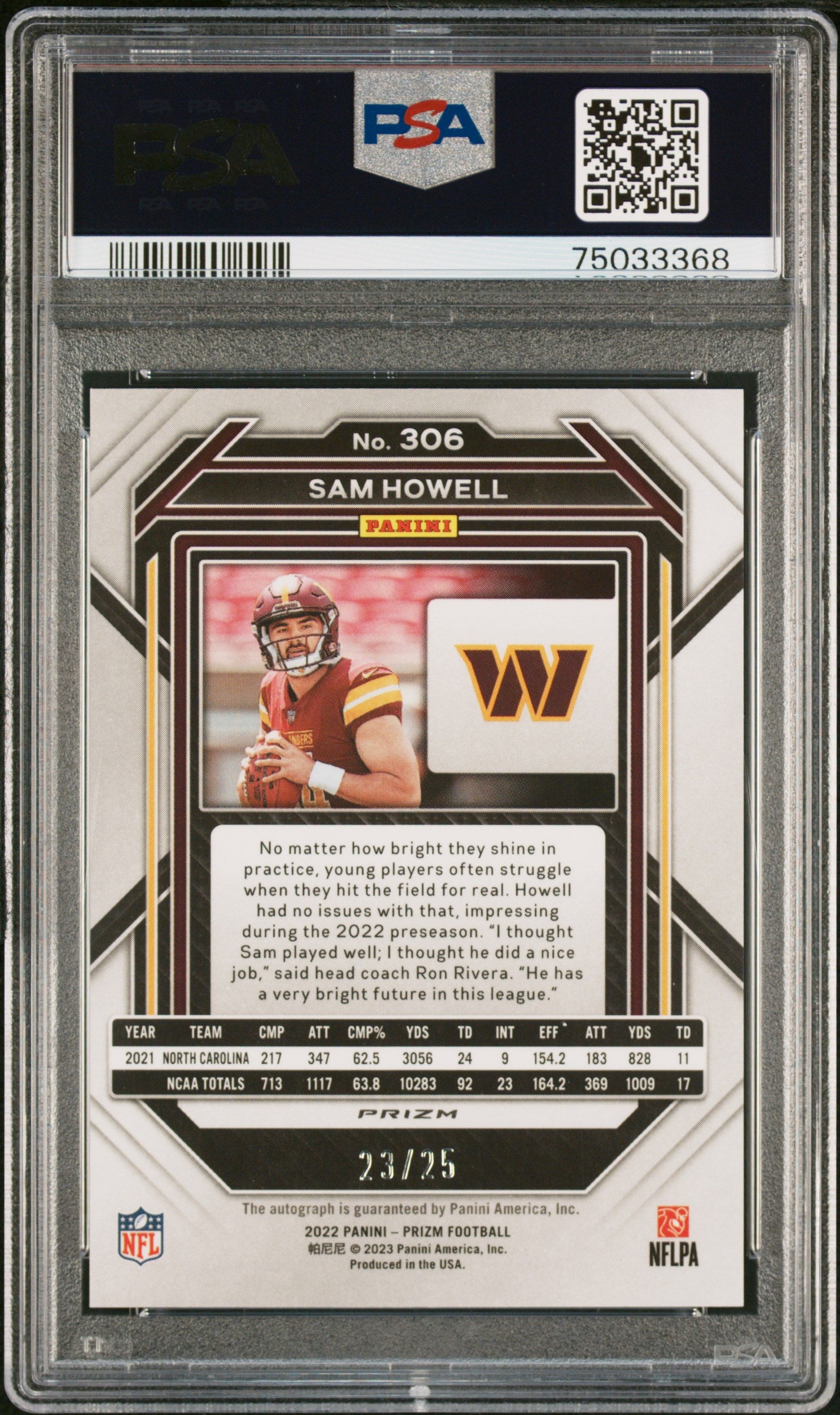 2022 Panini Prizm Sam Howell #306 PSA 10