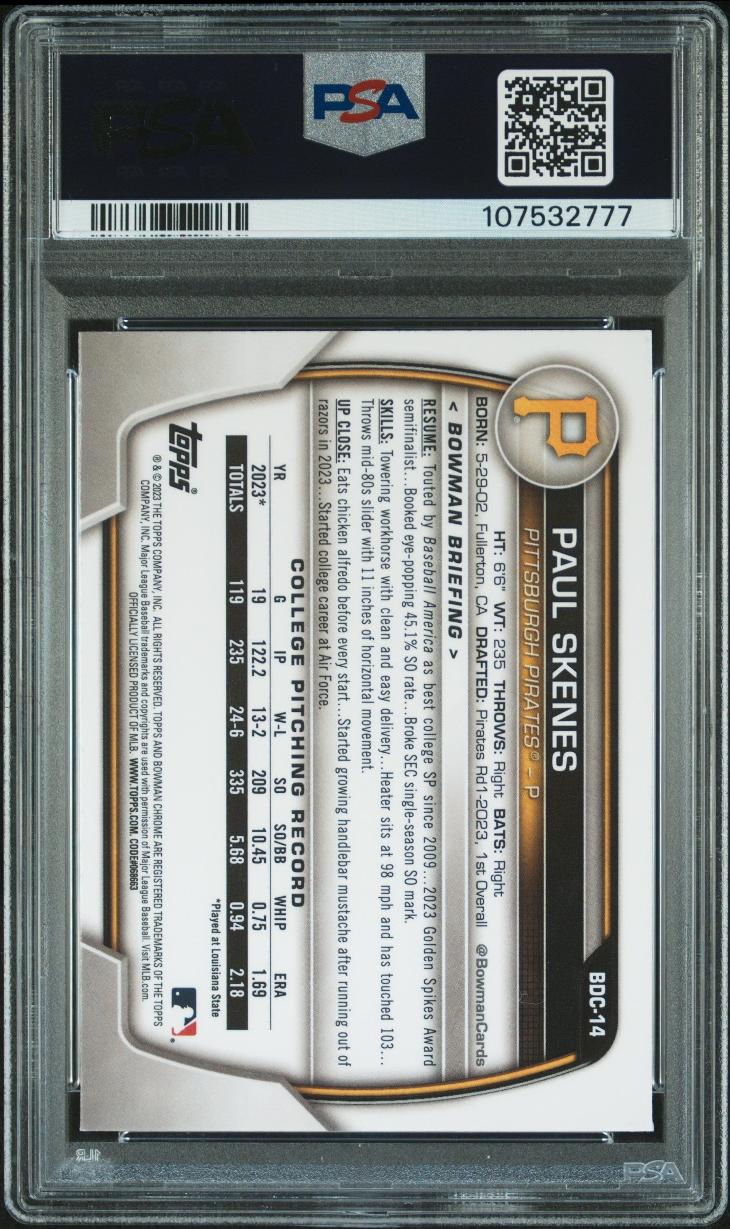 2023 Bowman Draft Paul Skenes #BDC14 PSA 9