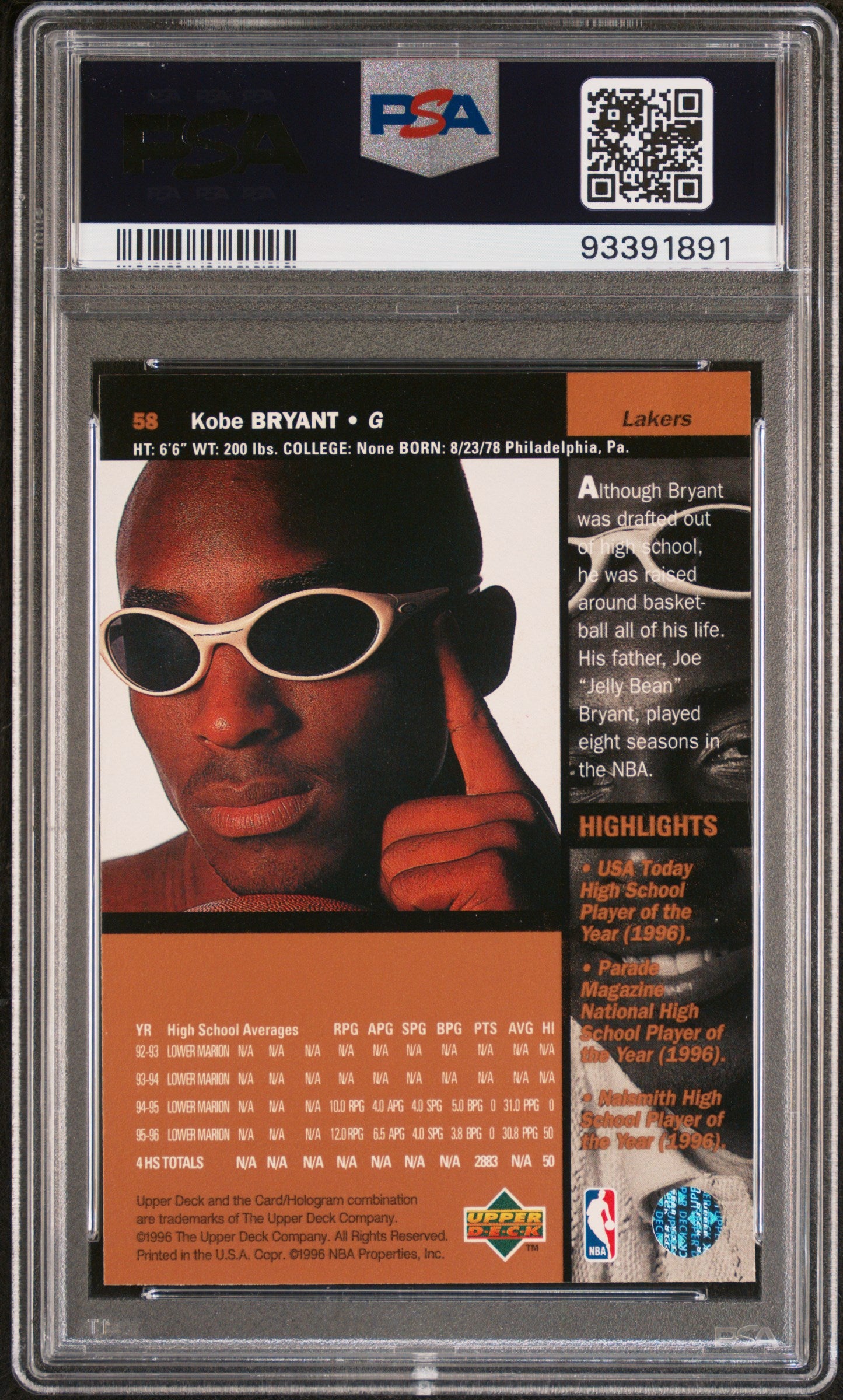 1996 Upper Deck Kobe Bryant #58 PSA 9