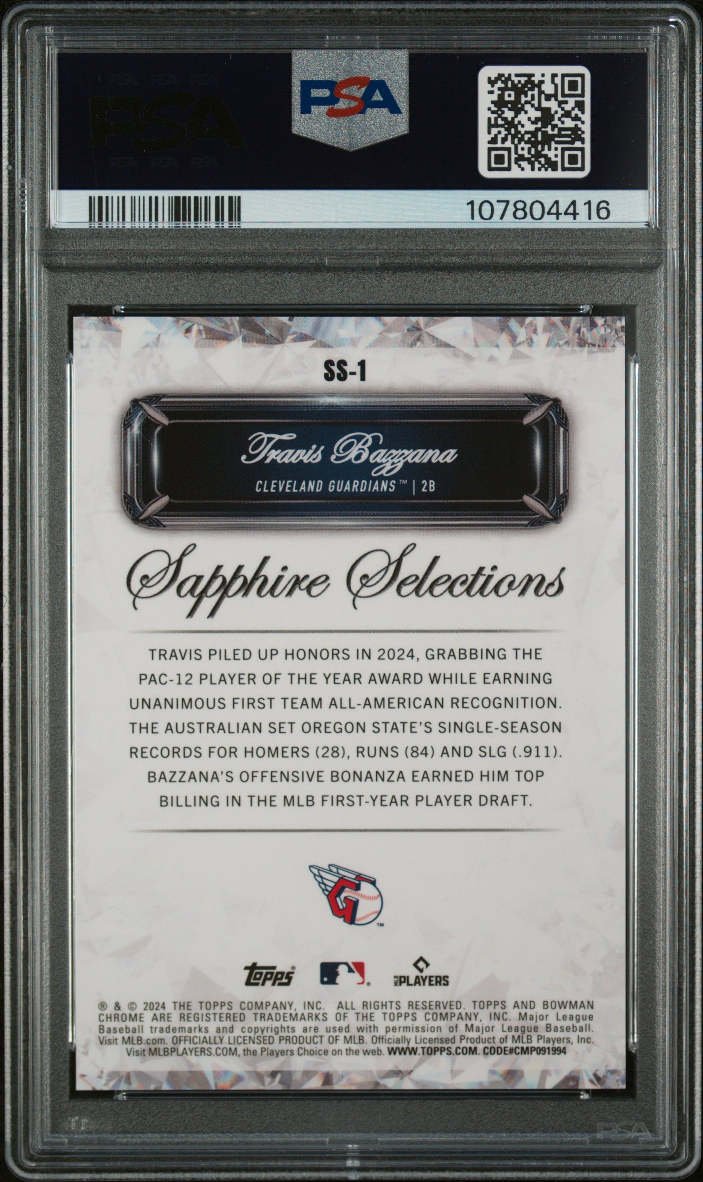 2024 Bowman Draft Sapphire Edition Travis Bazzana #SS1 PSA 10