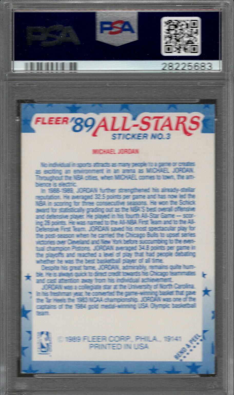 1989 Fleer Sticker Michael Jordan #3 PSA 9