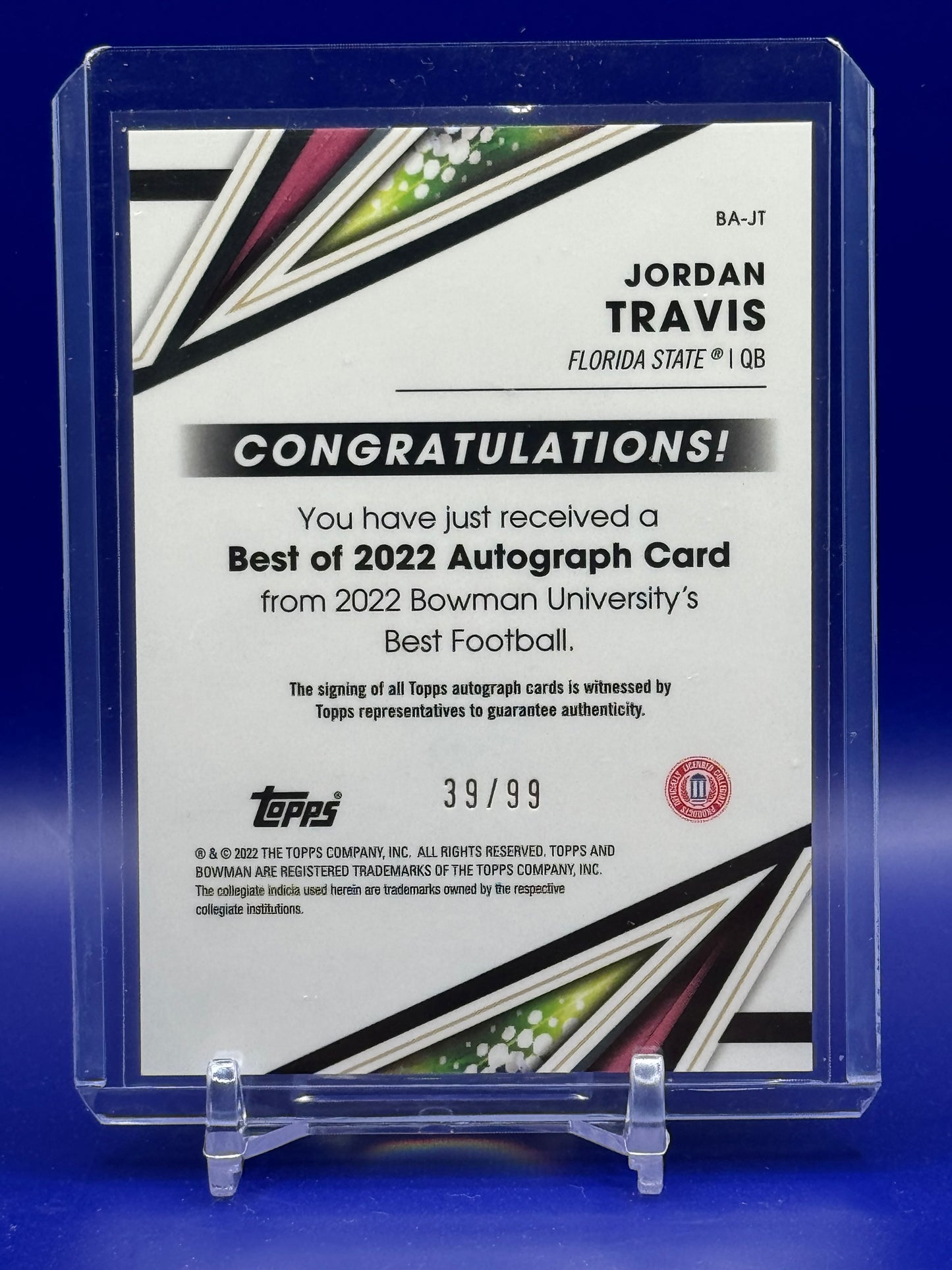 2022 Bowman University Best Jordan Travis #BA-JT