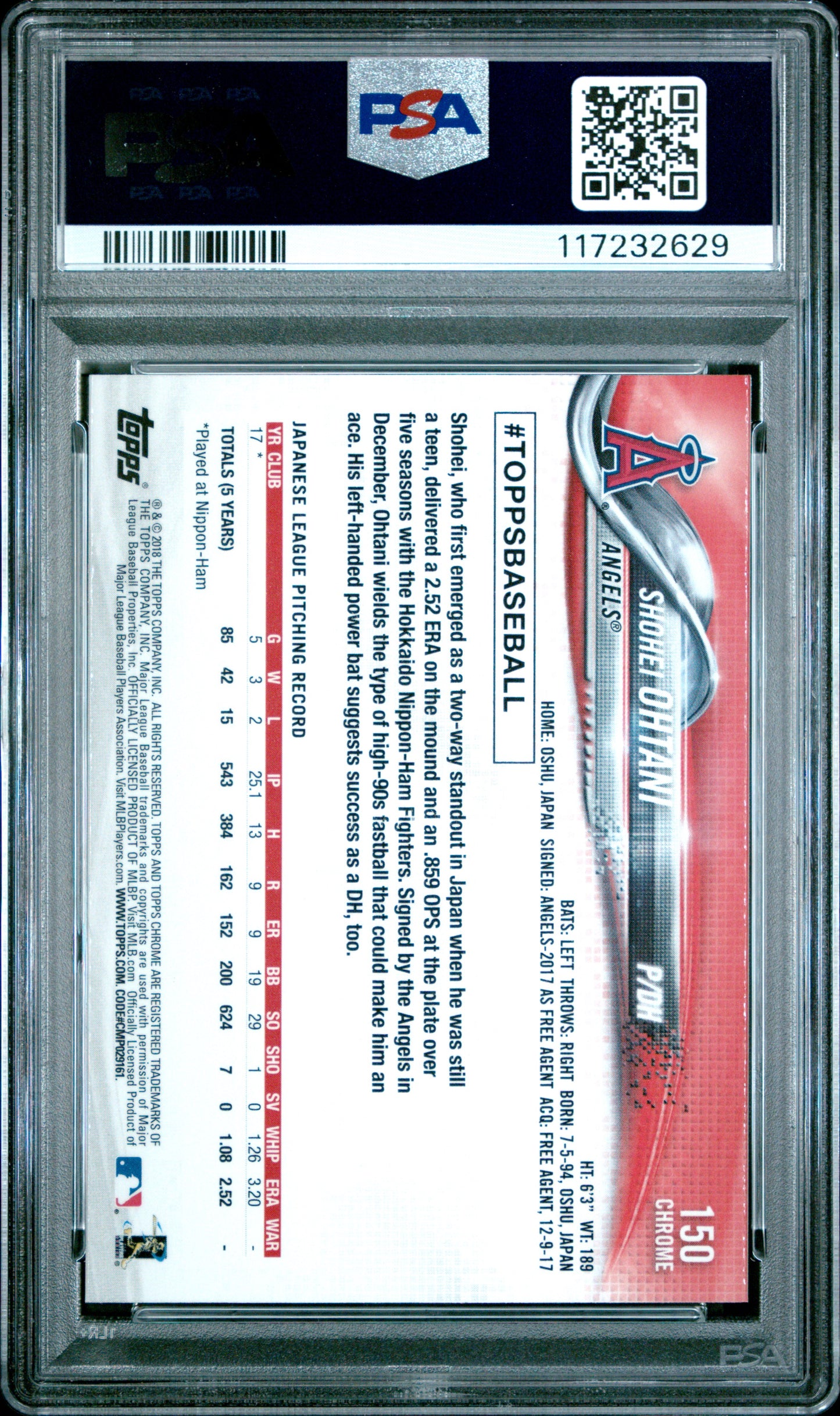 2018 Topps Chrome Shohei Ohtani #150 PSA 10